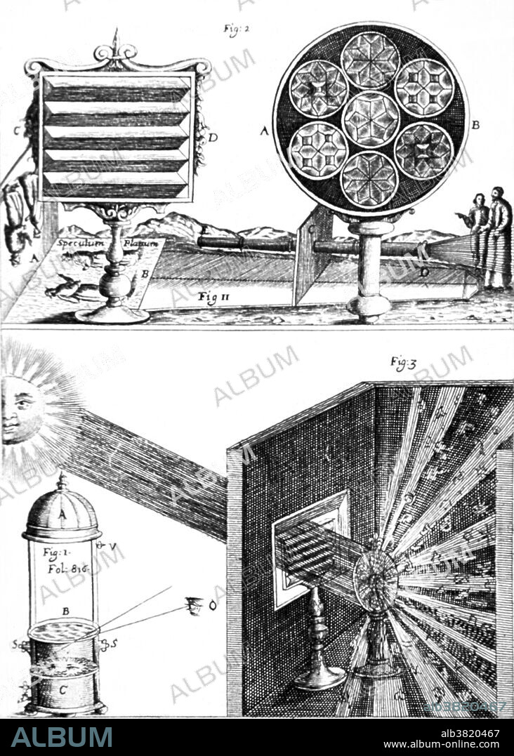 Refraction of light as it passes through a lens. Two views illustrating the properties of light as it passes through lenses. Johann Zahn (March 29, 1641 - June 27, 1707) was a German monk and author of Oculus Artificialis Teledioptricus Sive Telescopium (1685) which contains descriptions, diagrams, illustrations and sketches of both the camera obscura and magic lantern, along with various other lanterns, slides, projection types, peepshow boxes, microscopes, telescopes, reflectors, and lenses. The first camera that was small and portable enough to be practical for photography was envisioned by Zahn in 1685, but it would be almost 150 years before technology caught up to where this was possible to build. In Oculus Artificialis, his comprehensive description of the magic lantern (along with twelve other different lanterns) includes some of these lanterns showing for the first time lens covers. This was an important evolution in the history of the camera, because it meant that the screen could be kept dark while the operator changed the slide. He also illustrated a large workshop camera obscura for solar observations using the telescope and scioptric ball. He also designed several portable camera obscuras, and demonstrated the use of mirrors and lenses to erect the image, enlarge and focus it.
