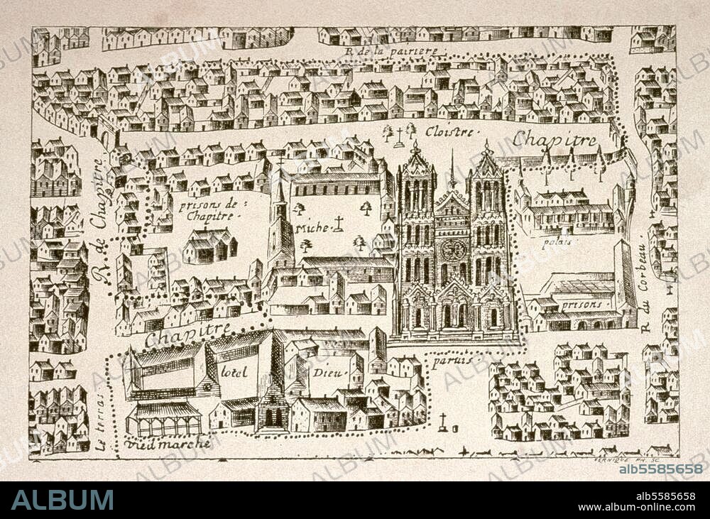 Reims (Dep. Marne, Champagne, France). View of the city of Reims based on a drawing by Jean Colin from 1665. Copper engraving, 13 × 8 cm. Reims, Bibliothèque Municipale Varnegie.