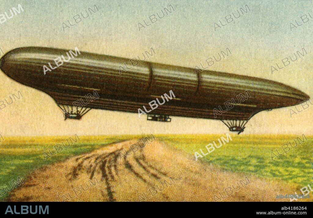 Siemens-Schuckert airship, 1911, (1932). 500 horse power airship built by German firm Siemens-Schuckert, which reached a speed of 72 kilometers per hour. Length: 118 metres, with 4 Daimler engines. From "Die Eroberung Der Luft", (The Conquest of the Air), cigarette card album produced by the Garbáty cigarette factory, 1932. Eugene and Moritz Garbáty, who were Jewish, were driven out of business by the Nazis in the late 1930s, and forced to sell their factory which lay empty for over 70 years. [Garbaty Cigarettenfabrik, Berlin-Pankow, 1932].