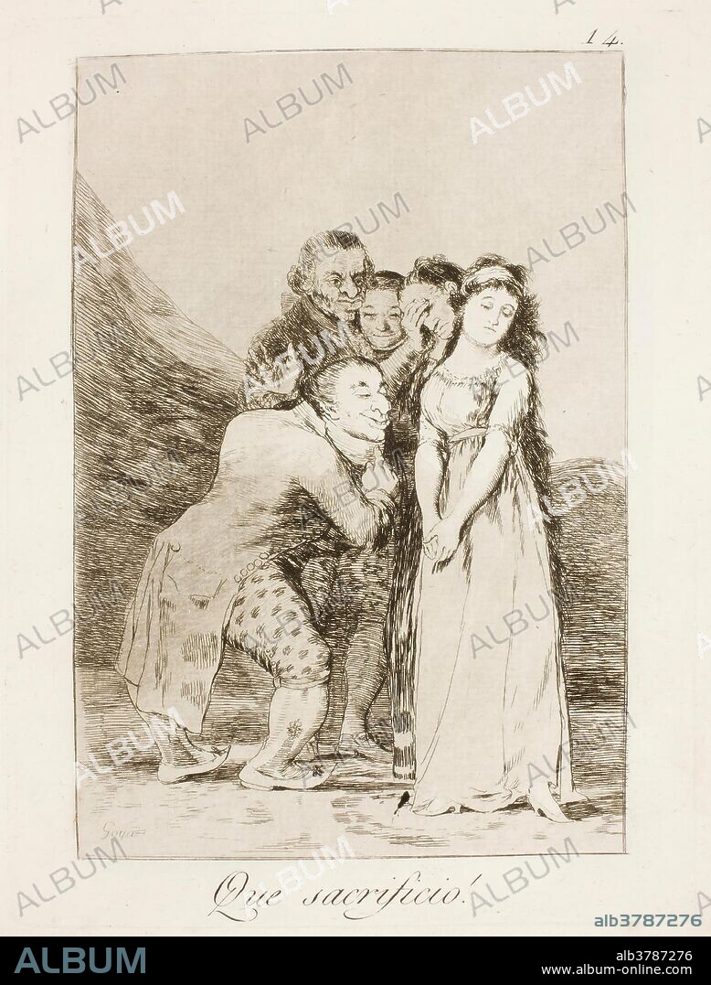 Francisco de Goya y Lucientes / 'Que sacrificio!'. 1797 - 1799. Aguafuerte, Punta seca, Aguatinta bruñida sobre papel verjurado, ahuesado, 306 x 201 mm.; 1797 - 1799. Aguafuerte, Punta seca, Aguatinta bruñida sobre papel verjurado, ahuesado, 306 x 201 mm.