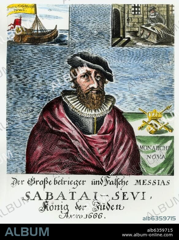 Sabbatai Zevi; false Messiah; 1.8.1626 Smyrna (now Izmir, Turkey) 17.9.1676 Dulcigno (now Ulcinij, Montenegro).-"Sabbatai Zevi, King of the Jews".-Engraving, 1666. Colour added later.