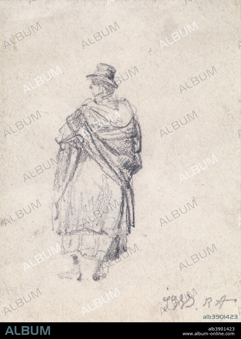 JAMES WARD. Back View of Country Woman in Hat and Shawl. Drawing. Graphite on medium, smooth, cream wove paper. Height: 98 mm (3.85 in); Width: 76 mm (2.99 in).