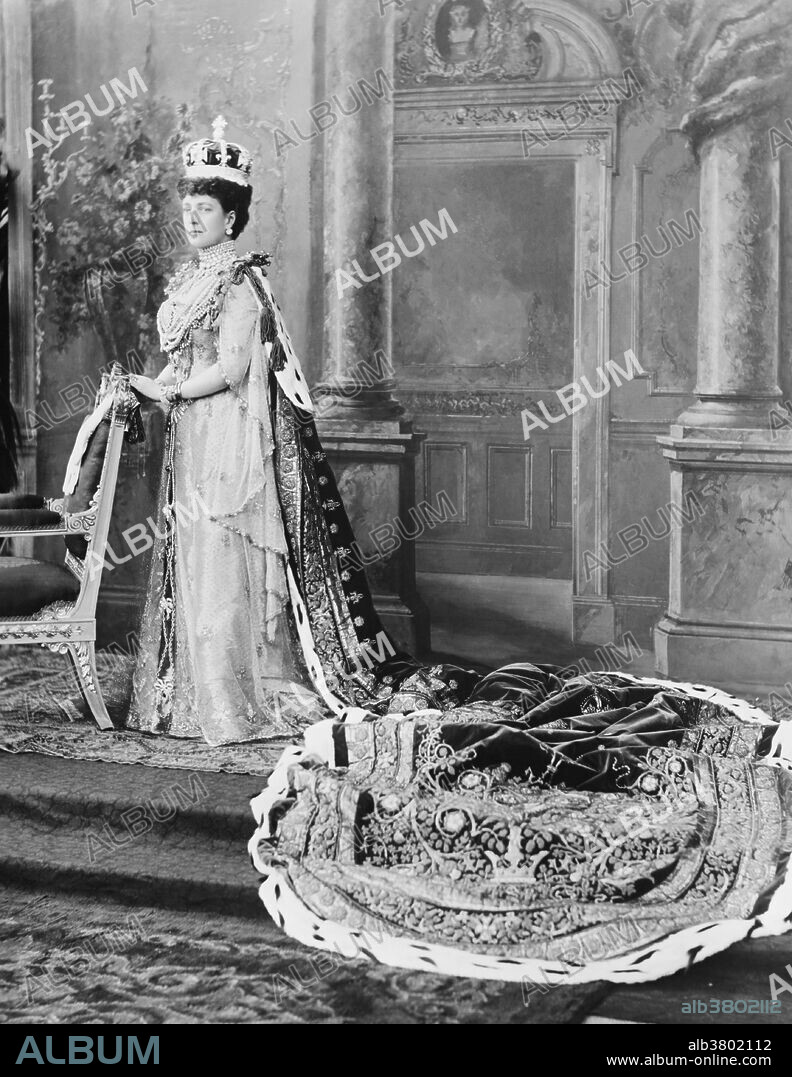 Portrait of Queen Alexandra in her coronation robes; Buckingham Palace, 1902. Alexandra of Denmark (1844-1925) was the wife of Edward VII of the United Kingdom. As such, she was Queen consort of the United Kingdom and the British Dominions, and Empress of India, from 1901 to 1910.