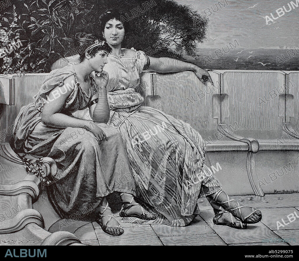 Digital improved reproduction, In the thought, two women sit on a stone bank over the sea, Im Gedanken, zwei Frauen sitzen auf einer Steinbank über dem Meer, from an original print from the 19th century.