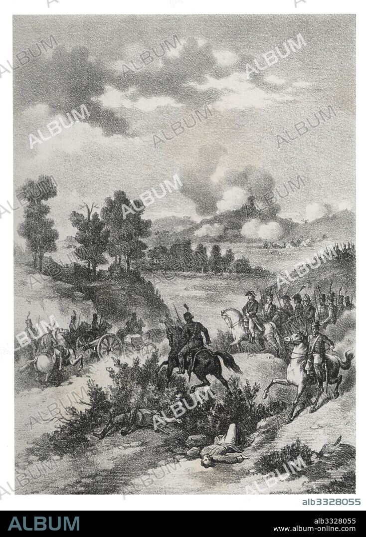 Historia de España. Batalla de Talavera del 28 de julio de 1809 que enfrentó los ejércitos aliados de España y el Reino Unido contra los ejércitos napoleónicos de Francia. Grabado de 1880.