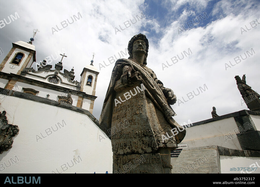 The statue of the prophet Jeremiah by Aleijadinho at the Basilica do Bom Jesus de Matosinhos, UNESCO World Heritage Site, Congonhas, Minas Gerais, Brazil, South America.