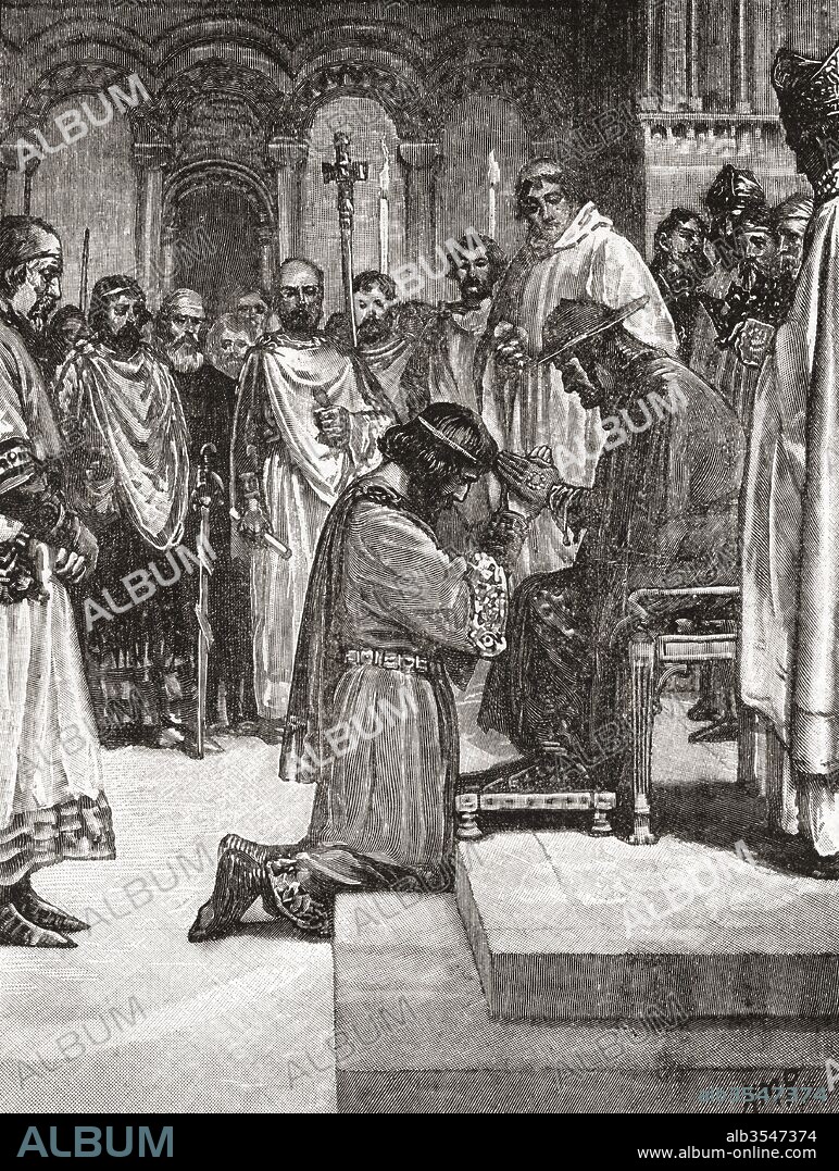 John paying homage to the legate of Pope Innocent III in 1213. John, 1166 –1216, aka John Lackland, King of England. From Cassell's History of England, published c.1901.