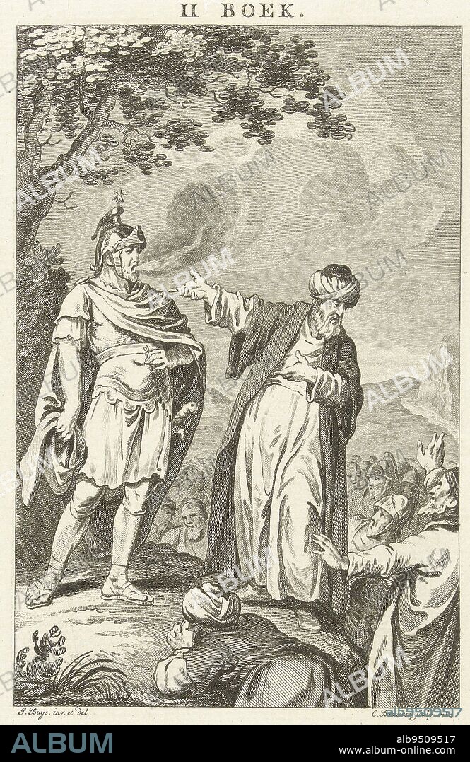 Jewish leader Barchochebas (Simon ben Kosiba) shows fire-breathing Roman to Jewish army, Cornelis Brouwer, after Jacobus Buys, 1784, Jewish leader Simon ben Kosiba, nicknamed Simon bar Kochba (Barchochebas) was a Jewish messiah. Between 132 and 135 he was leader of the last rebellion against the Romans. Here he tries to convince men of his role as Messiah and shows a fire-breathing Roman to the Jewish army, they respond in awe., print maker: Cornelis Brouwer, (mentioned on object), intermediary draughtsman: Jacobus Buys, (mentioned on object), Netherlands, 1784, paper, etching, h 254 mm - w 165 mm.