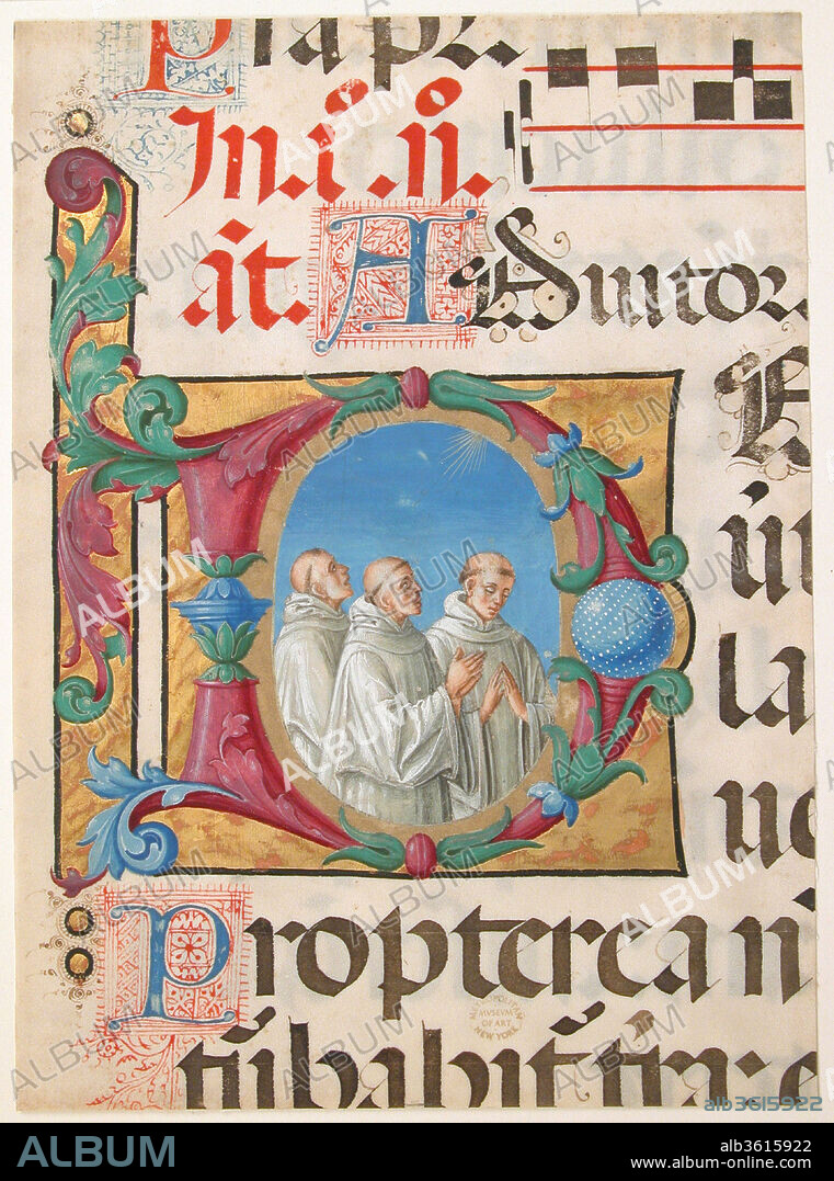 Manuscript Illumination with Singing Monks in an Initial D, from a Psalter. Artist: Girolamo dai Libri (Italian, Verona 1474-1555 Verona). Culture: Italian. Dimensions: Overall: 9 1/16 x 7 in. (23 x 17.8 cm)
Illumination: 4 x 4 1/8 in. (10.2 x 10.5 cm)
Mat size: 19 1/4 x 14 1/4 in. (48.9 x 36.2 cm). Date: 1501-2.
While one monk looks down in pious contemplation, two others gaze at the divine beams of radiating light that inspire their song. But their eyes and voices are drawn outside the frame to the text and music on the page, as if they were reading and singing from the book. Dressed in white, they are members of the Olivetan order, which commissioned Girolamo dai Libri and his father, Francesco, to create the psalter.