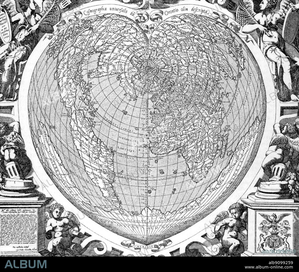 Map of the world by Orontius Finaeus, 1566. Oronce Finé (in Latin, Orontius Finnaeus or Finaeus) (1494-1555), French mathematician and cartographer. Born in Briançon, the son and grandson of physicians, he was educated in Paris (Collège de Navarre), and obtained a degree in medicine in 1522. He invented a heart-shaped map projection, frequently utilized by other cartographers, such as Peter Apian and Gerardus Mercator. Finaeus attempted to reconcile discoveries in the New World with old medieval legends and information (derived from Ptolemy) regarding the Orient. Antarctica: The Last Continent by Ian Cameron, page 24.