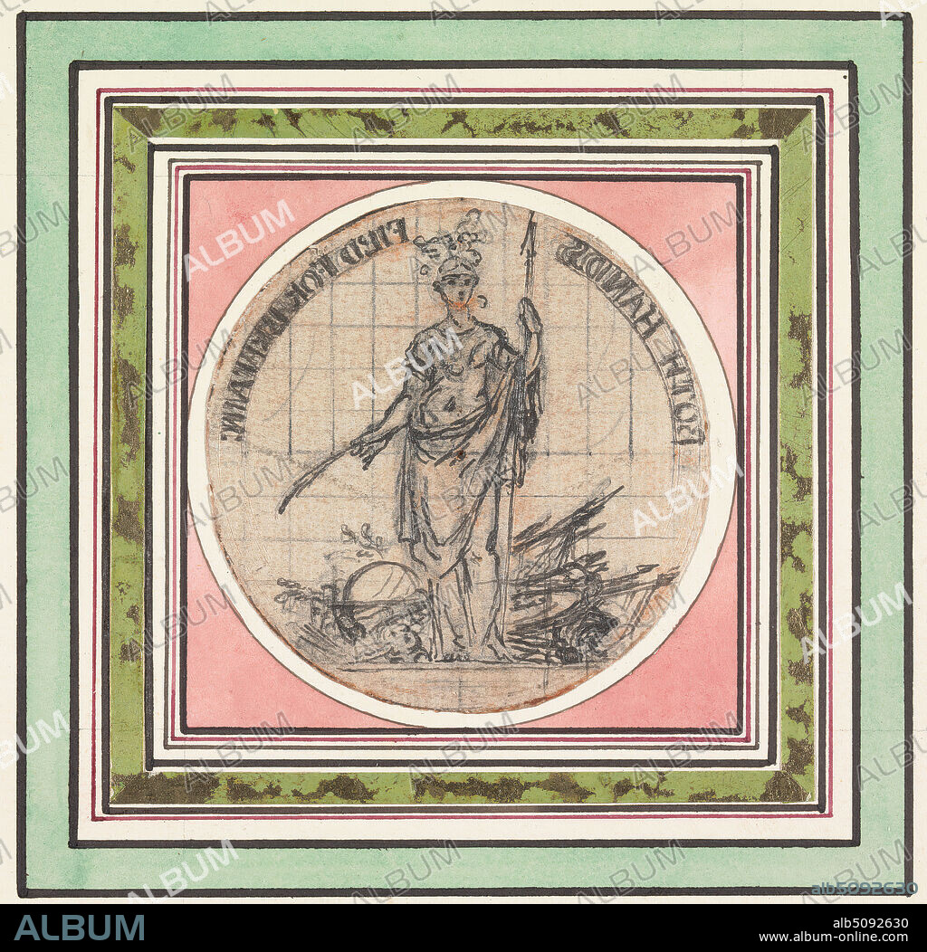 Design for a Medal: Boths Hand Fil'd for Britain, Hubert-François Gravelot, 16991773, French, active in Britain (173345), between 1734 and 1736, Pen and black ink, pen and red ink, graphite with red chalk, squared for transfer on medium, moderately textured, beige laid paper mounted on moderately thick, moderately textured, cream laid paper, with gold leaf, watercolor, and pen, with black and red ink border lines, Mount: 11 x 7 5/8 inches (27.9 x 19.4 cm), Contemporary drawn border: 4 1/8 × 4 1/8 inches (10.5 × 10.5 cm), and Sheet: 2 3/8 × 5 3/8 inches (6 × 13.7 cm), design, emblem (allegorical picture), female, figure (illustration), genre subject, goddess, medal, spear.