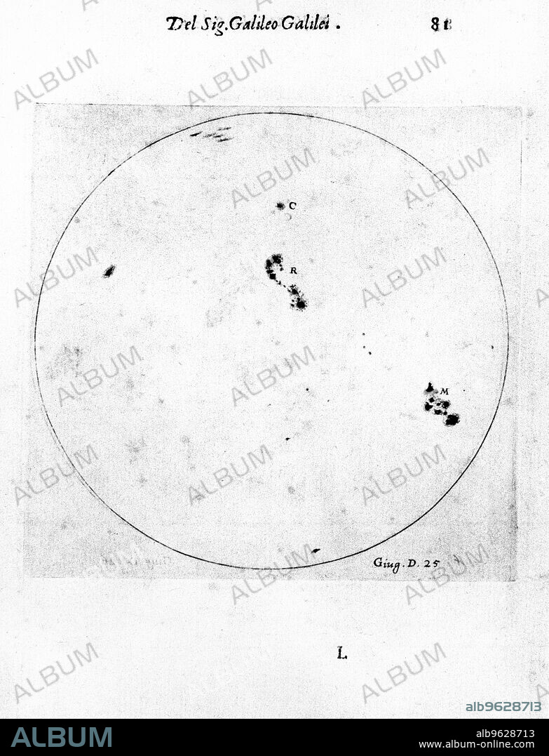 Galileo's observation of sunspots. From Galileo Galilei Istoria, Rome, 1613. Engraving.