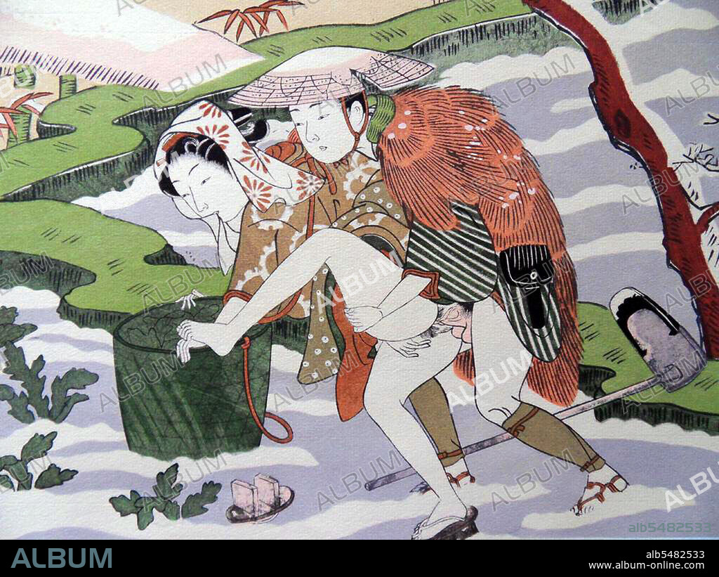 Shunga is a Japanese term for erotic art. Most shunga are a type of ukiyo-e, usually executed in woodblock print format. While rare, there are extant erotic painted handscrolls which predate the Ukiyo-e movement. Translated literally, the Japanese word shunga means picture of spring; 'spring' is a common euphemism for sex. The ukiyo-e movement as a whole sought to express an idealisation of contemporary urban life and appeal to the new chi nin class. Following the aesthetics of everyday life, Edo period shunga varied widely in its depictions of sexuality. As a subset of ukiyo-e it was enjoyed by all social groups in the Edo period, despite being out of favour with the shogunate. Suzuki Harunobu (1724 July 7, 1770) was a Japanese woodblock print artist, one of the most famous in the Ukiyo-e style. He was an innovator, the first to produce full-color prints (nishiki-e) in 1765, rendering obsolete the former modes of two- and three-color prints. Harunobu used many special techniques, and depicted a wide variety of subjects, from classical poems to contemporary beauties (bijin, bijin-ga). Like many artists of his day, Harunobu also produced a number of shunga, or erotic images.