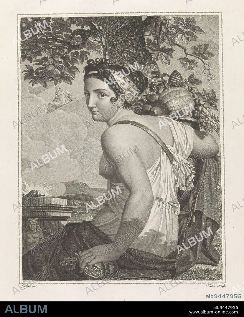 Fructidor (August 18 - September 21), The Twelve Months of the French Republican Calendar (series title), Les Mois républicains (series title), Personification of Fructidor or Fruit Month (Virgo, August 18 - September 21) as woman seated near a burning altar, arm around a basket of fruit and holding a pomegranate., print maker: Salvatore Tresca, (mentioned on object), after drawing by: Louis Lafitte, (mentioned on object), Paris, 1792 - 1794, paper, etching, engraving, height 352 mm × width 270 mm.
