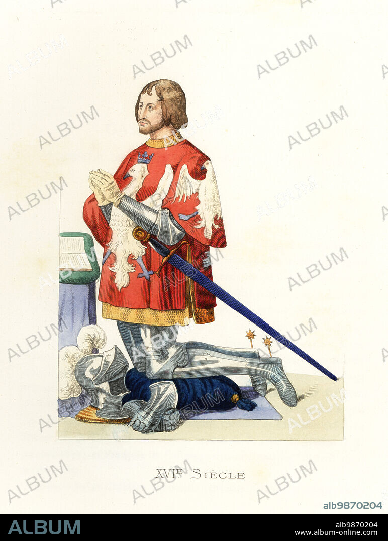 Gaspard I, Count of Coligny, Marshal of Chatillon, 1465-1522. Husband to Louise de Montmorency. Kneeling, wearing a suit of plate armor, armorial tabard with coat of arms, white eagle on red ground. Gaspard de Colingny, Seigneur de Chatillon, Marechal de France. After a stained glass window in Saint-Martin de Montmorency church. Handcolored lithograph after an illustration by Edmond Lechevallier-Chevignard from Georges Duplessis's Costumes historiques des XVIe, XVIIe et XVIIIe siecles (Historical costumes of the 16th, 17th and 18th centuries), Paris, 1867. Edmond Lechevallier-Chevignard was an artist, book illustrator, and interior designer.