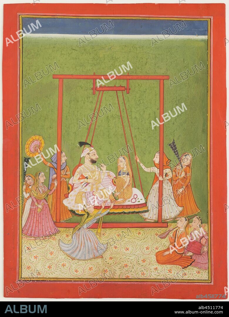 Unknown (Indian), Raja and Rani on Swing with Female Attendants, ca. 1800, Gouache and gilt on paper, Image: 11 × 7 7/8 inches (27.9 × 20 cm).