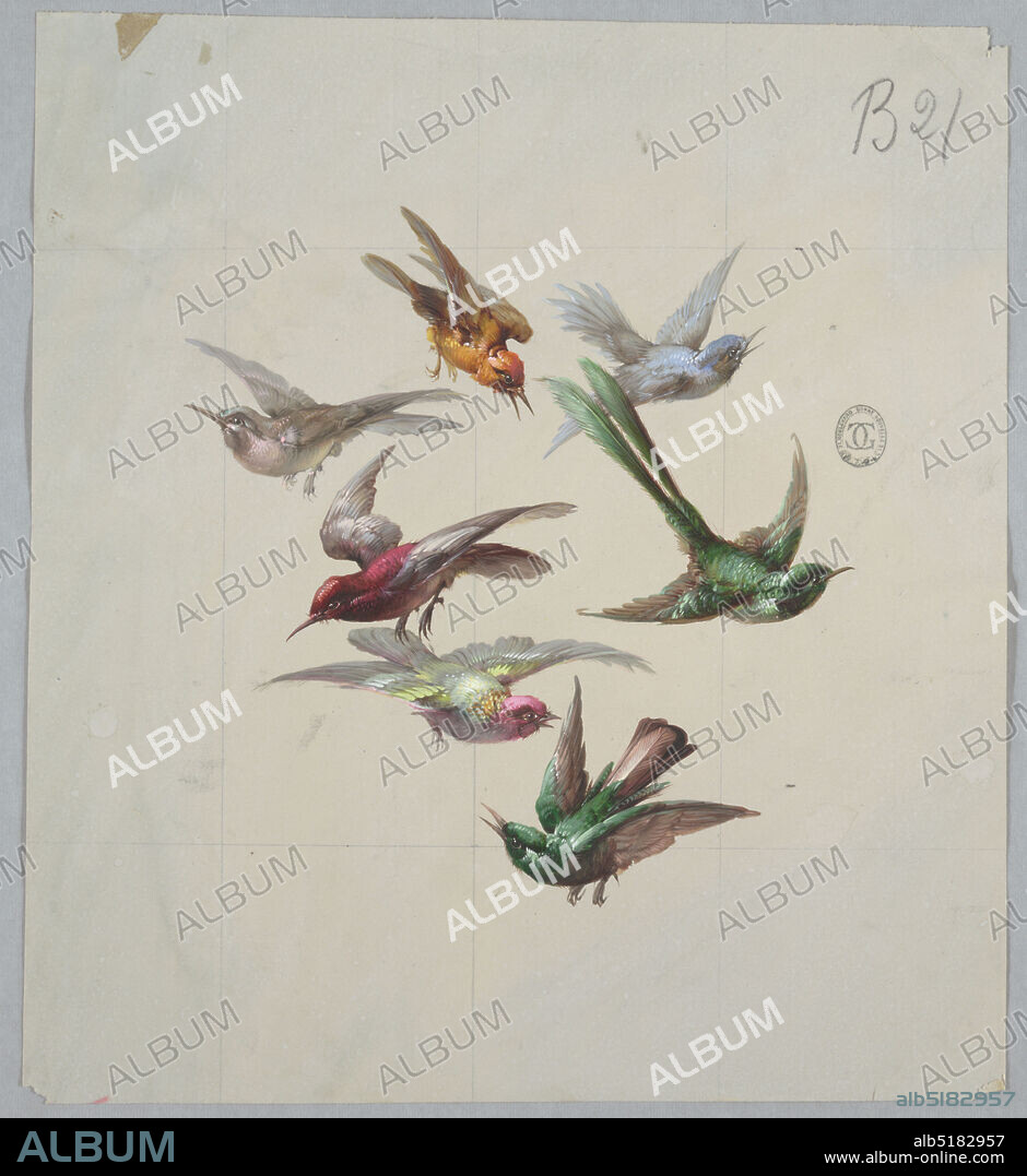 Design for Wallpaper and Textiles: Birds, Brush and gouache, graphite on cream paper, Grouping of seven birds in flight, all flying different directions. Clockwise from top: brown bird facing downward and right, light blue bird facing right, green bird with long tailfeathers facing right, green with brown wing and tailfeathers bird facing left, white bird with pink head facing right, red bird with white wing and tailfeathers facing left, and gray bird facing left., France, 19th century, wallpaper designs, Drawing, Drawing.