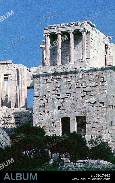 The Temple of Athena Nike and bastion. View from the southeast. The temple is an Ionic building. Country of Origin: Greece. Culture: Ancient Greek. Date/Period: 427-424 BC. Place of Origin: Athens, Acropolis.