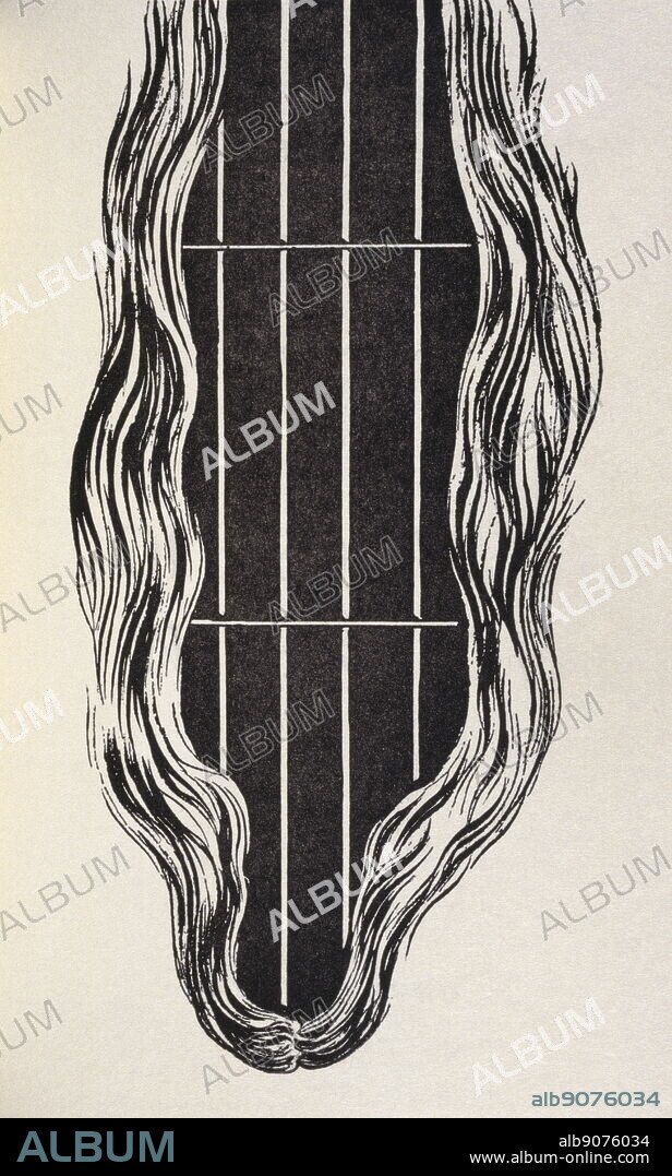 illustration from 'moralitie du someil' (Morality of sleep) by Paul Éluard. Designed by Rene Magritte. Éditions de l'aiguille aimantée, 1941. Paul Éluard (1895 - 1952) was a French surrealist poet. René Magritte (1898 - 1967) was a Belgian surrealist artist.