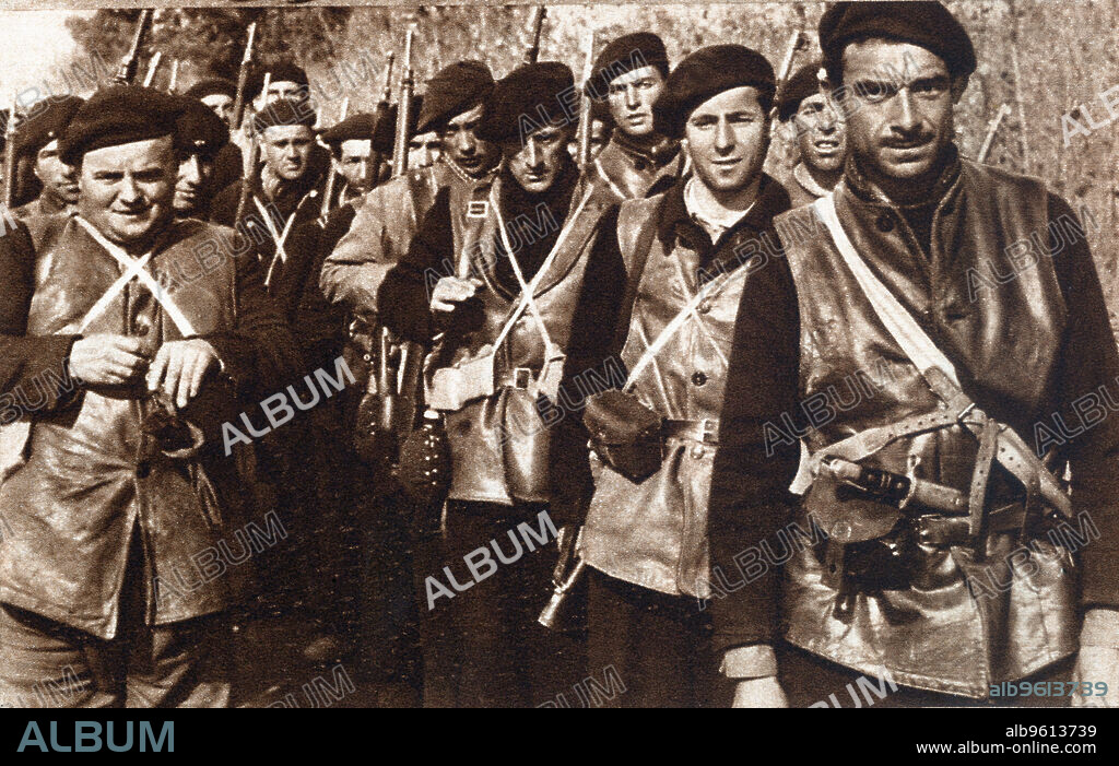 Spanish Civil War, 1936-39. Group of antifascist combatants in the International Brigades during the struggle for the defense of Madrid.