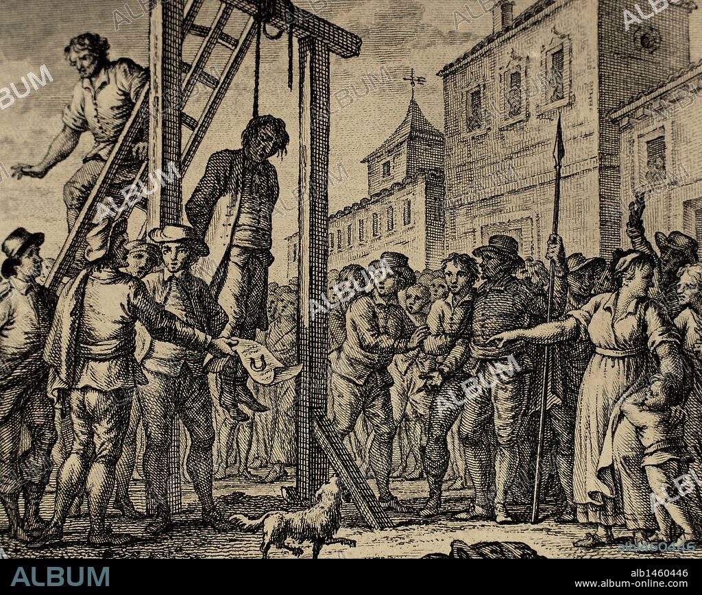 PEQUEÑAS ANTILLAS. ISLA DE GRANADA. Isla descubierta por Cristobal Colón en 1498. Durante la ocupación francesa (1650) los colonos de la isla se levantaron contra un gobernador tirano, arrestándolo, erigiendo un tribunal y sentenciándolo a morir ahorcado. Grabado de 1807.