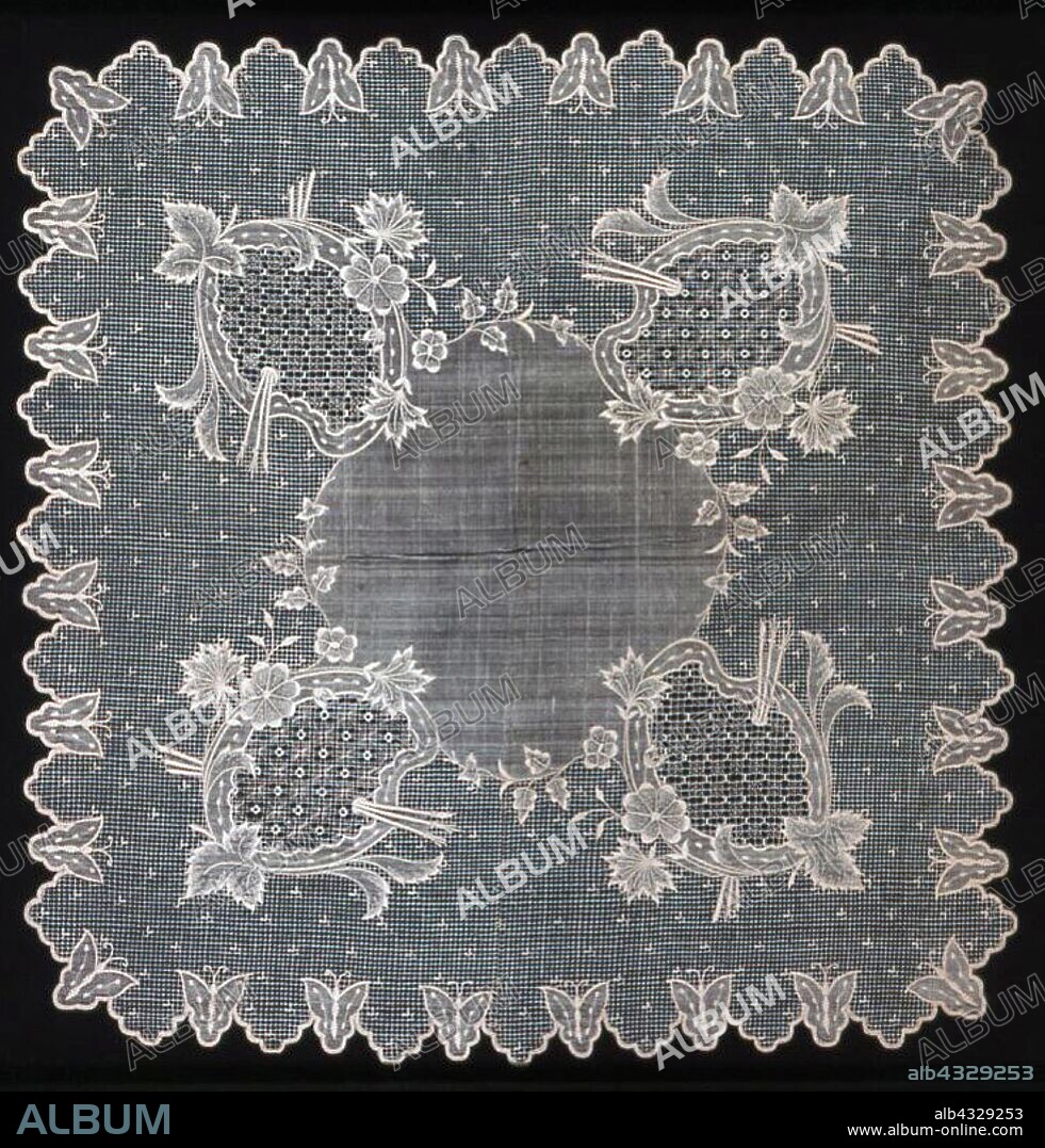 Handkerchief, 1825/75, Philippines, Philippines, Pineapple fiber, plain weave, cut and drawn work embroidered with silk and cotton in darned squares, interlocking, overcast and single faggot stitches, and embroidered with cotton in back, buttonhole, cross, individual satin, satin, stem and twined double running stitches, 32.8 x 31.8 cm (12 7/8 x 12 1/2 in.).