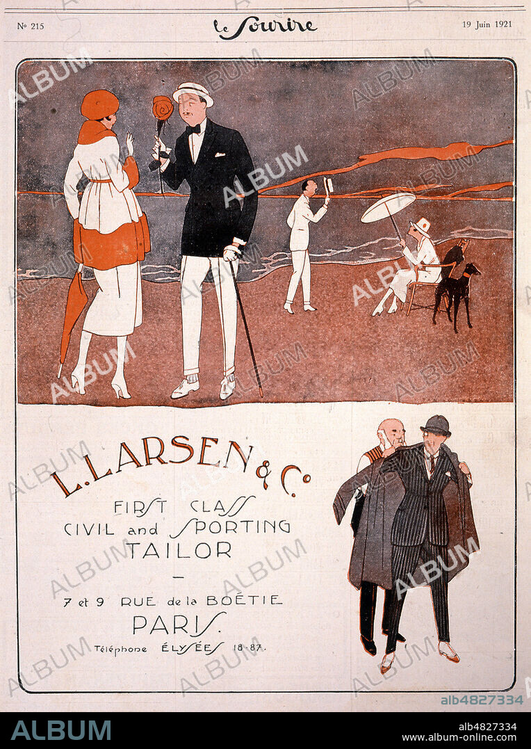 Couples en bord de mer. Publicite pour le tailleur L. Larsen & C° "First class civil and sporting tailor" Tailleur anglais ? Publicite en anglais, magasin a Paris rue de la Boetie. Illustration tiree de la revue Le Sourire du 19 juin 1921. annees 20. Credit : Collection KHARBINE-TAPABOR.
