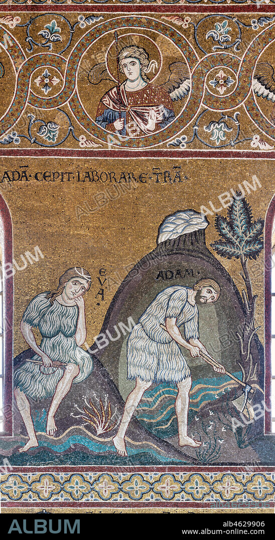 Monreale, Duomo: "The labours and the work of Adam and Eve", Byzantine mosaic, Old Testament Cycle - Earthly Paradise, XII - XIII century.. Latin inscription: "ADAM CEPIT LABORARE TERRAM".