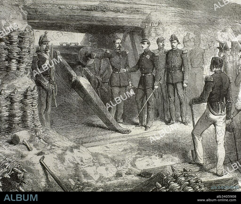Francisco II de las Dos Sicilias (Nápoles, 1836-Arco, 1894). Rey de las Dos Sicilias (1859-1861). Hijo y sucesor de Fernando II. Su reino se vió invadido por las tropas de Garibaldi (mayo-octubre 1860). Fue depuesto en octubre de1860 y obligado a capitular en Gaeta, donde se refugió, en febrero de1861. El rey Francisco II visitando una batería de cañones en Gaeta. Grabado, Janet-Lange. L'Illustration, Journal Universel, París, 1860.
