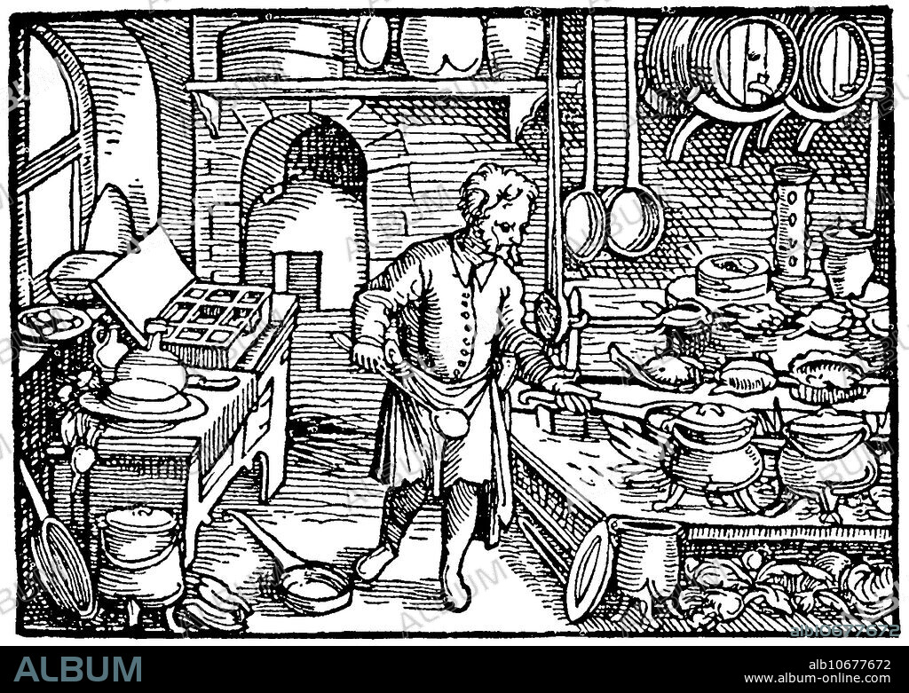 In most medieval households, cooking was done on an open hearth in the middle of the main living area, to make efficient use of the heat. This was the most common arrangement, even in wealthy households, where the kitchen was combined with the dining hall. Towards the Late Middle Ages a separate kitchen area began to evolve. The first step was to move the fireplaces towards the walls of the main hall, and later to build a separate building or wing that contained a dedicated kitchen area, often separated from the main building by a covered arcade. This way, the smoke, odors and bustle of the kitchen could be kept out of sight of guests, and the fire risk lessened. Many basic variations of cooking utensils available today, such as frying pans, pots, kettles, spits of various sizes, material for skewering anything from delicate quails to whole oxen, and waffle irons, already existed, although they were often too expensive for poorer households.