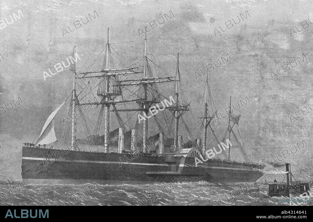 'The 'Great Eastern', 1860: The Vessel leaving Southampton on her First Voyage, June 17', (1901). The 'SS Great Eastern' was an iron sailing steamship designed by Isambard Kingdom Brunel with John Scott Russell, the largest vessel afloat until she was broken up in 1888. Following earlier unsuccessful attempts, the 'Great Eastern' successfully laid a transatlantic communications cable across the Atlantic in 1866. The use of cable to relay telegraph messages reduced communication times from the length of a sea voyage to a few seconds. From "The Illustrated London News Record of the Glorious Reign of Queen Victoria 1837-1901: The Life and Accession of King Edward VII. and the Life of Queen Alexandra". [London, 1901].