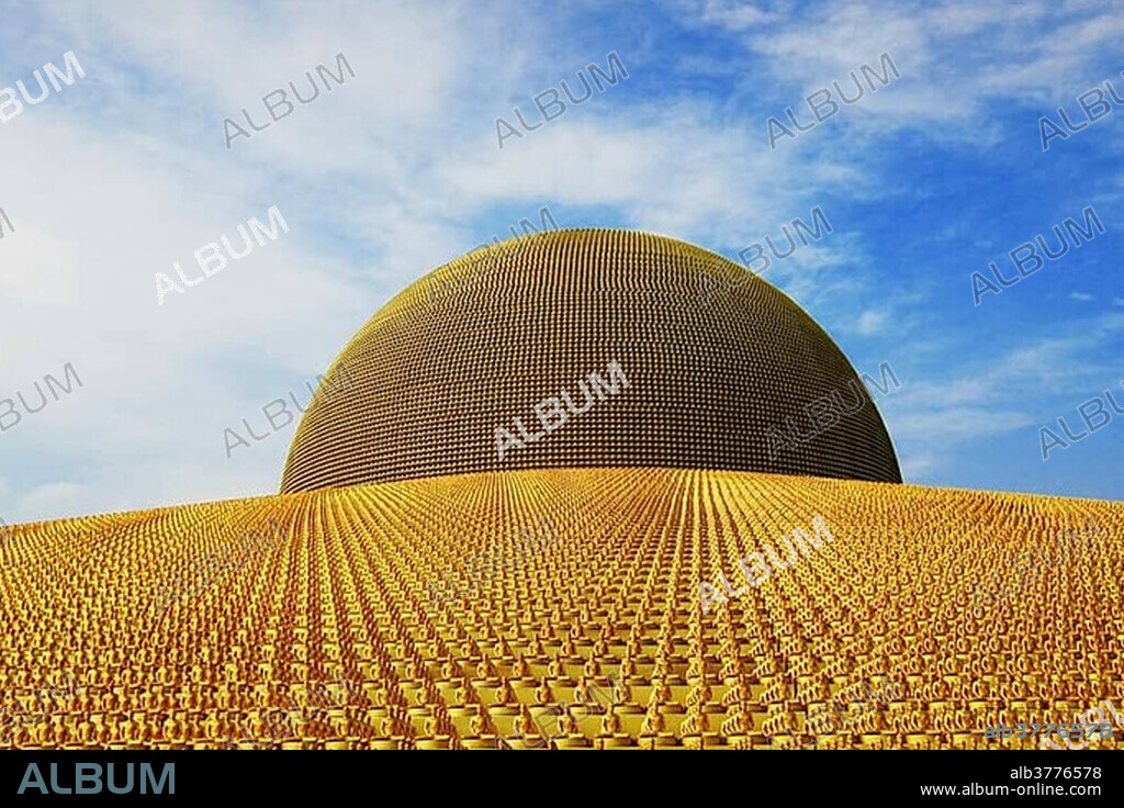 Buddhist temple Wat Phra Dhammakaya with golden Dhammakaya Buddha statues on the Chedi, Mahadhammakaya Cetiya, Khlong Luang District, Pathum Thani, Bangkok, Thailand, Asia *** IMPORTANT: This image may not be used in a negative connection with the Dhammakaya Temple ***.