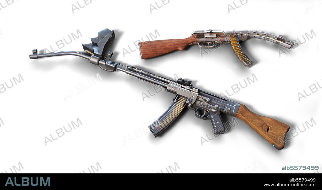 The Sturmgewehr 44 (StG44 ) was the first assault rifle of the world. This illustration shows the interior details the strange Krummlauf add-on and an interesting version of PPSh-41 submachine gun, modified with a bent barrel.