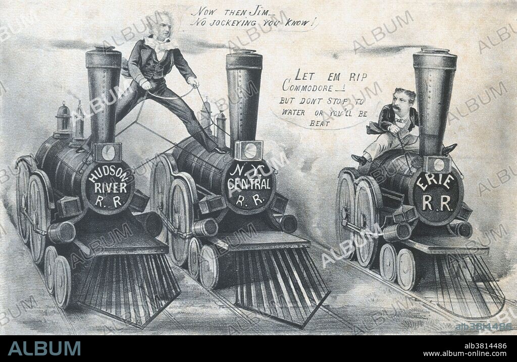 Cornelius Vanderbilt and James Fisk are shown in a race for control of New York's rails. Throughout 1868 and 1869, the two men had fought for control of the Erie Railroad. Vanderbilt straddles his two railroads, the Hudson River and the New York Central, the balloon caption reads, "Now then Jim--No Jockeying You Know.!" Fisk, sitting on the Erie Railroad, the balloon caption reads, "Let Em Rip Commodore--But Dont Stop to Water for You'll be Beat." Currier & Ives lithograph.