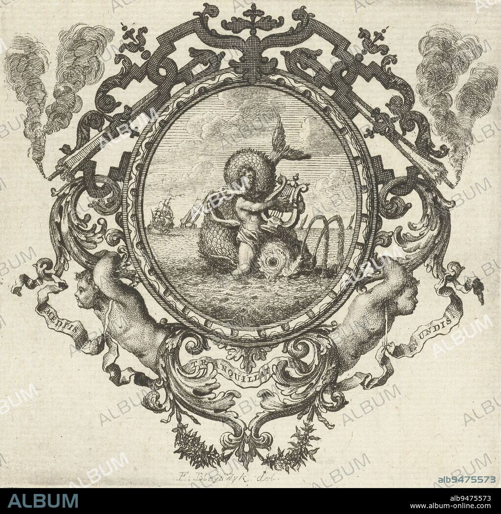 Emblem depicting a man, possibly Arion, playing a lyre and sitting on the back of a dolphin in calm seas The representation is incorporated in a circular frame with banderole with motto Mediis tranquillat in undis calm amidst the raging waves, Man playing lyre and sitting on back of dolphin in calm sea in frame with ornaments and extinguished torch, print maker: François van Bleyswijck, (mentioned on object), François van Bleyswijck, (mentioned on object), Leiden, 1681 - 1746, paper, etching, h 100 mm × w 101 mm.