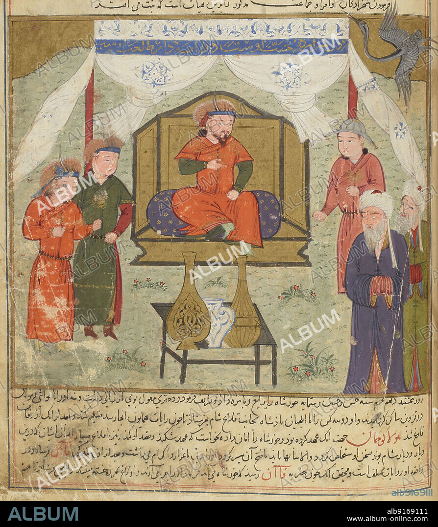 ANONYMOUS. Hulagu Khan and Courtiers. Miniature from Jami' al-tawarikh (Universal History).