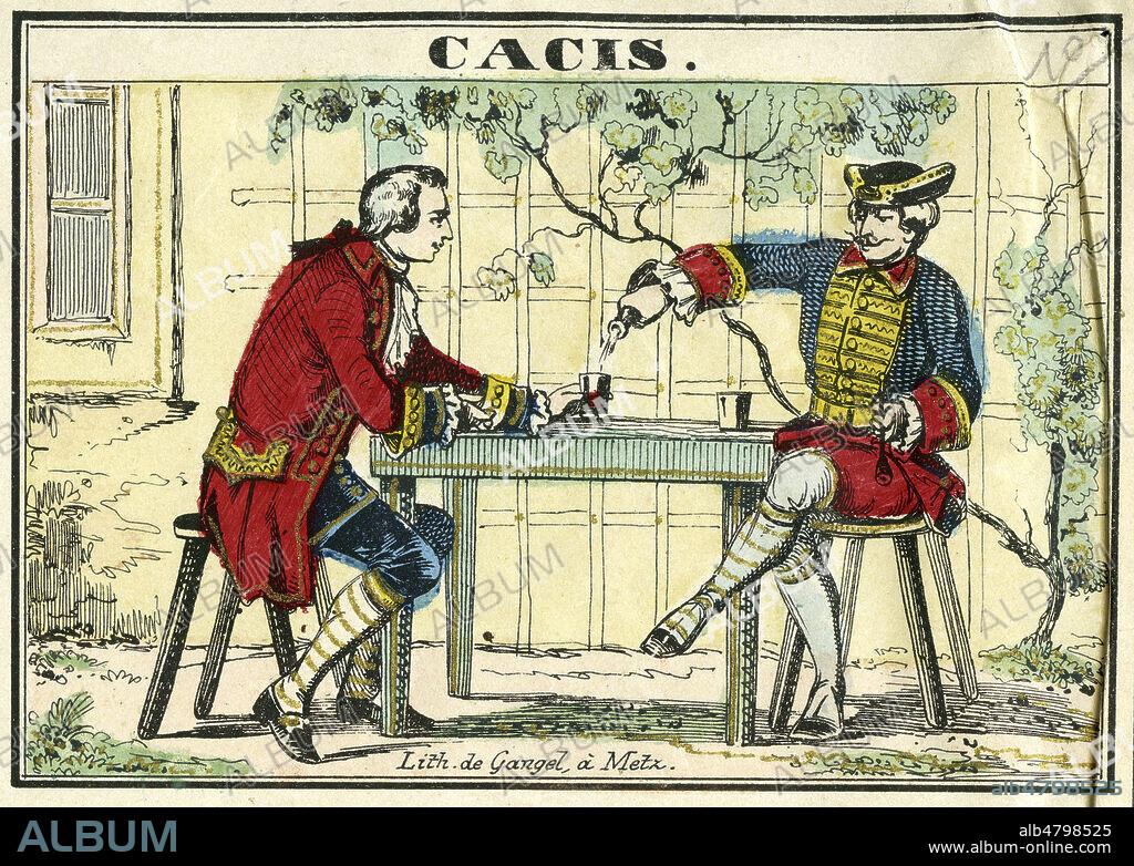'Cacis' : etiquette de liqueur de cassis. Deux hommes boivent de l'alcool autour d'une table. Imagerie Gangel a Metz, mi 19eme siecle. Illustration anonyme pour une gravure. Credit : Collection IM/KHARBINE-TAPABOR.