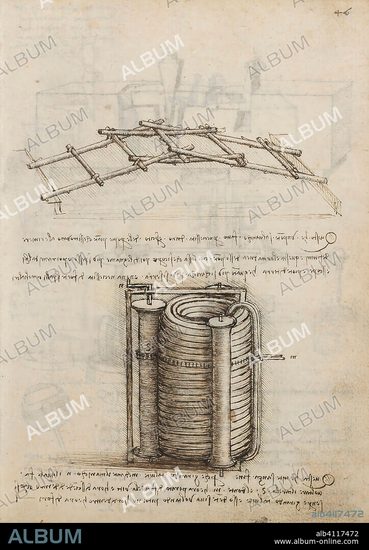 LEONARDO DA VINCI. Folio f 46r. Codex Madrid I (Ms. 8937) "Treaty of statics and mechanics", 192 folios with 384 pages. Internal format: 215 x 145 mm. MILITARY ENGINEERING, FORTIFICATIONS. APPLIED MECHANICS (COMPONENTS). APPLIED MECHANICS (MACHINES AND WITS).