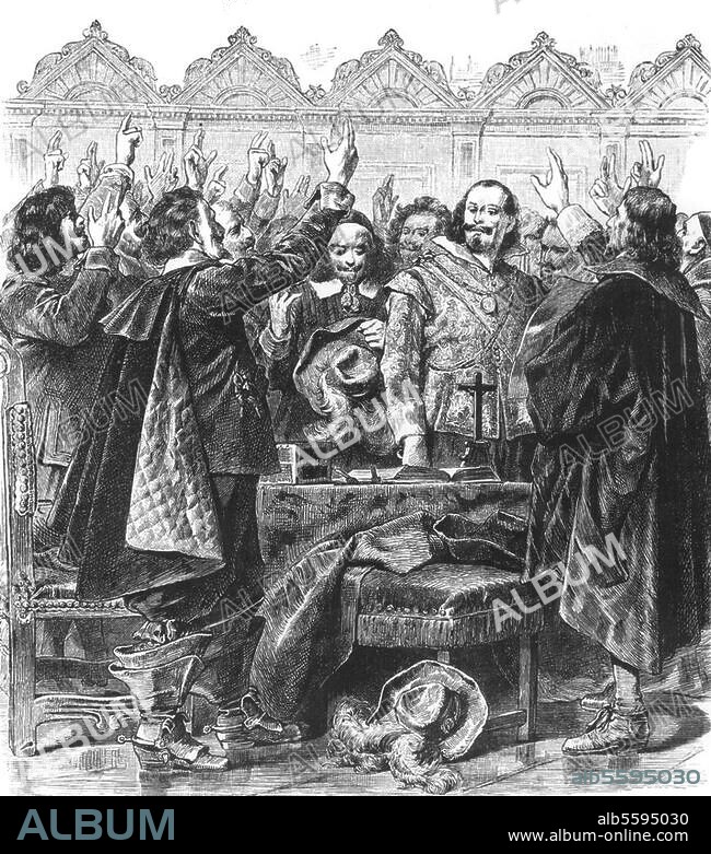 Treaty of Westphalia, 24 October 1648. "Conclusion of Peace in Münster". (Illustr. to: Friedrich Schiller, Geschichte des Dreißigjährigen Krieges). Woodcut after a drawing by Carl Häberlin (1823-1911). From: Schillers Werke, publ. by J.G. Fischervort (Dt. Verl. Anst.) undated.