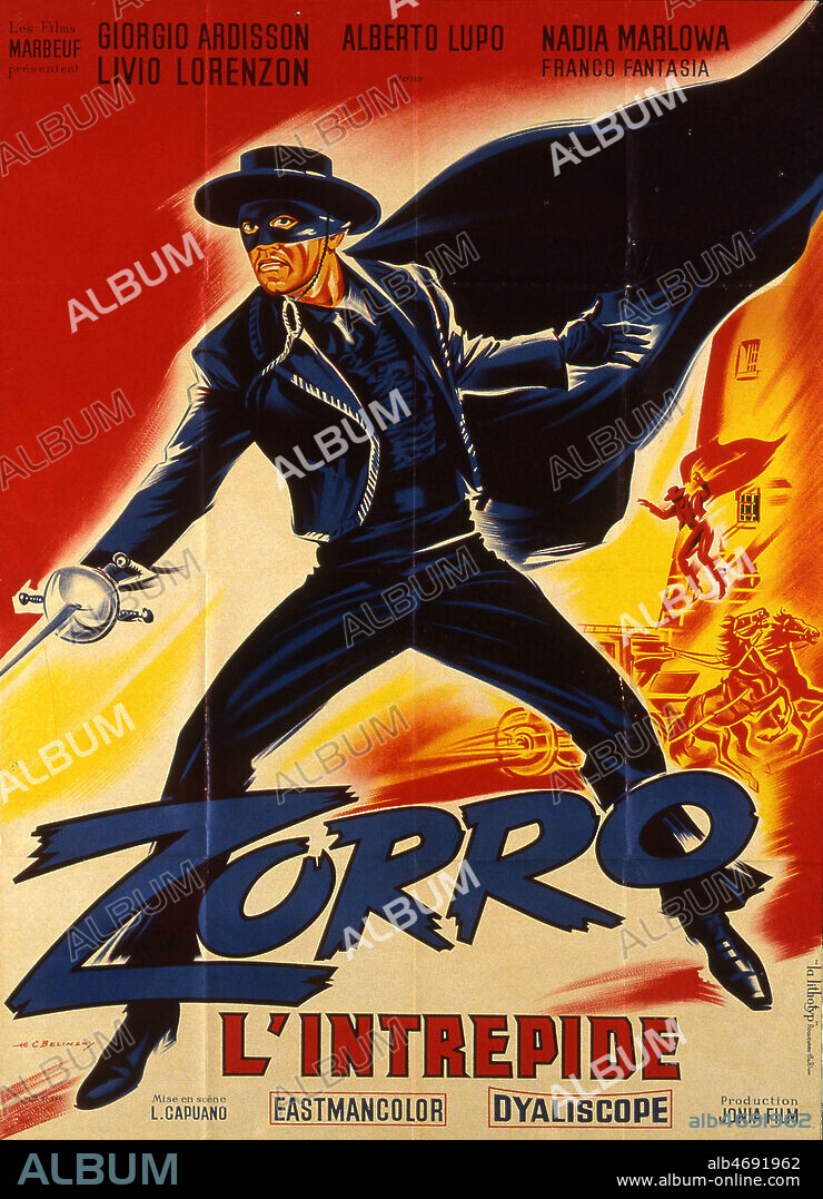 Affiche du film ' Zorro l'intrepide' illustree par Constantin BELINSKY (1904-1999) et realise en 1962 par Luigi CAPUANO (NE EN 1904) avec Giorgio ARDISSON (NE EN1931). ADAGP. Credit : Collection KHARBINE-TAPABOR.