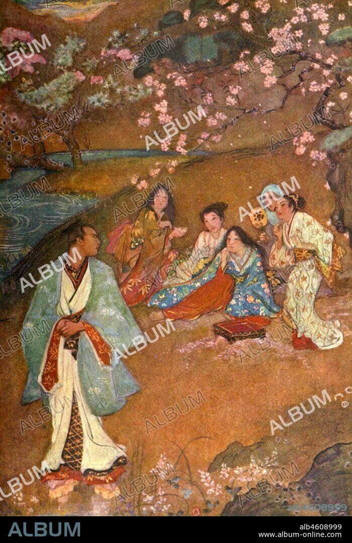 EVELYN PAUL. 'Shinge and Yoshisawa by the Violet Well', 1912. Shinge is cured of snakebite by Doctor Yoshisawa and they fall in love. With their marriage forbidden by her parents, they both take their own lives. From "Myths & Legends of Japan", by F. Harland Davis. [George G. Harrap & Company, London, 1912].