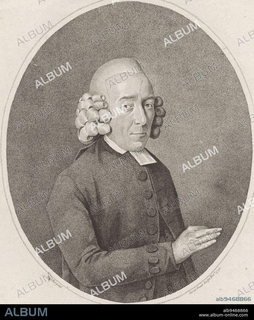 Portrait of Johan Frederik Scheffer, Lutheran minister in Rotterdam Beneath the portrait is his name, year of birth and successive appointments, Portrait of Johan Frederik Scheffer, print maker: Jeremias Snoek, (mentioned on object), intermediary draughtsman: G. van de Berg, (mentioned on object), publisher: Johannes Groenewoud Jansz, (mentioned on object), Rotterdam, 1792, paper, etching, h 275 mm × w 371 mm.