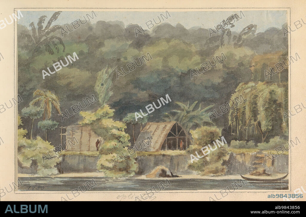 JACOB VAN GEFFEN. Oeman Kondre on the Marowijne river, Suriname, 1850. Houses and rainforest seen from the river.