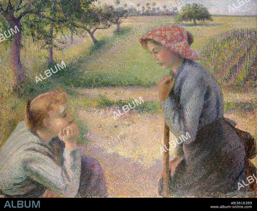 Two Young Peasant Women. Artist: Camille Pissarro (French, Charlotte Amalie, Saint Thomas 1830-1903 Paris). Dimensions: 35 1/4 x 45 7/8 in. (89.5 x 116.5 cm). Date: 1891-92.
By virtue of their size, placement, and quiet dignity, these youthful laborers dominate the landscape setting--an open field near Pissarro's house at Éragny. Sympathetic to anarchist ideals, the artist wanted to preserve the values of agrarian society that were being threatened by the rapid industrialization of France. He began this picture in summer 1891 and completed it in mid-January 1892, a month before the opening of a major exhibition of his work organized by his dealer Joseph Durand-Ruel. Many of the fifty paintings were sold from the show, but Pissarro kept this canvas and gave it to his wife.