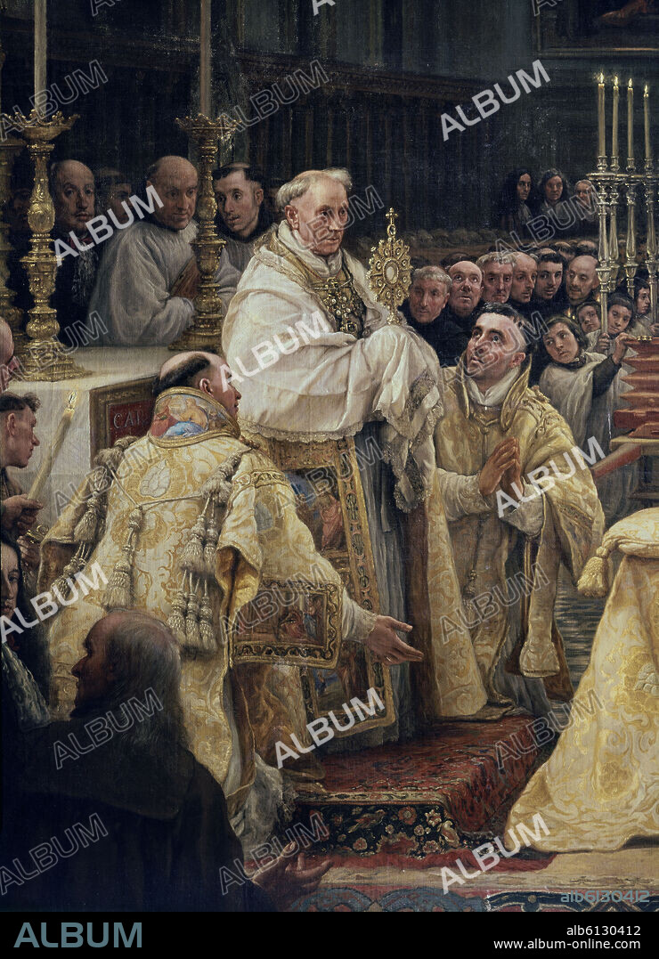 CLAUDIO COELLO. ADORACION DE LA SAGRADA FORMA-DET IZQ-PRIOR Y RELIGIOSOS.