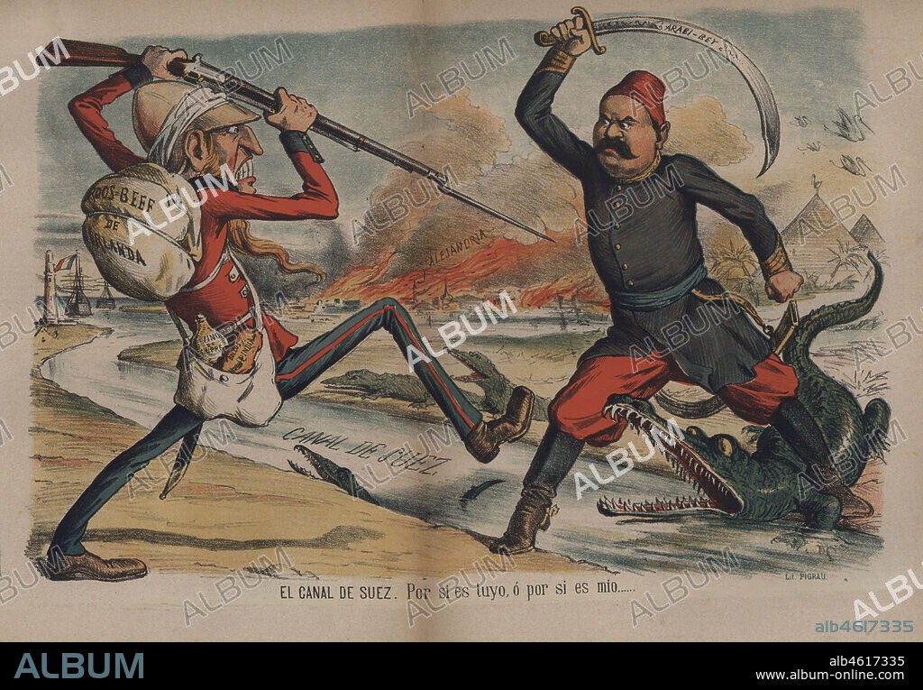 Dibujo satírico político publicado en el periódico El Loro. Disputa entre Egipto y Gran Bretaña por la titularidad del canal de Suez. Julio de 1882.