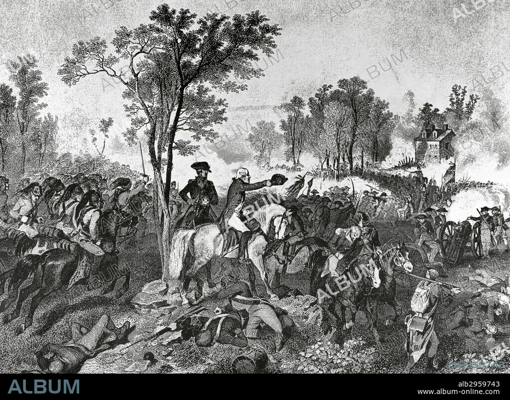 American Revolutionary War (1775-1783). Siege of Yorktown (September 28-October 19, 1781). American Continental Army, led by George Washington, and allied French troops, led by the Comte de Rochambeau, fight against the British forces commanded by Charles Cornwallis. Engraving. 19th century.
