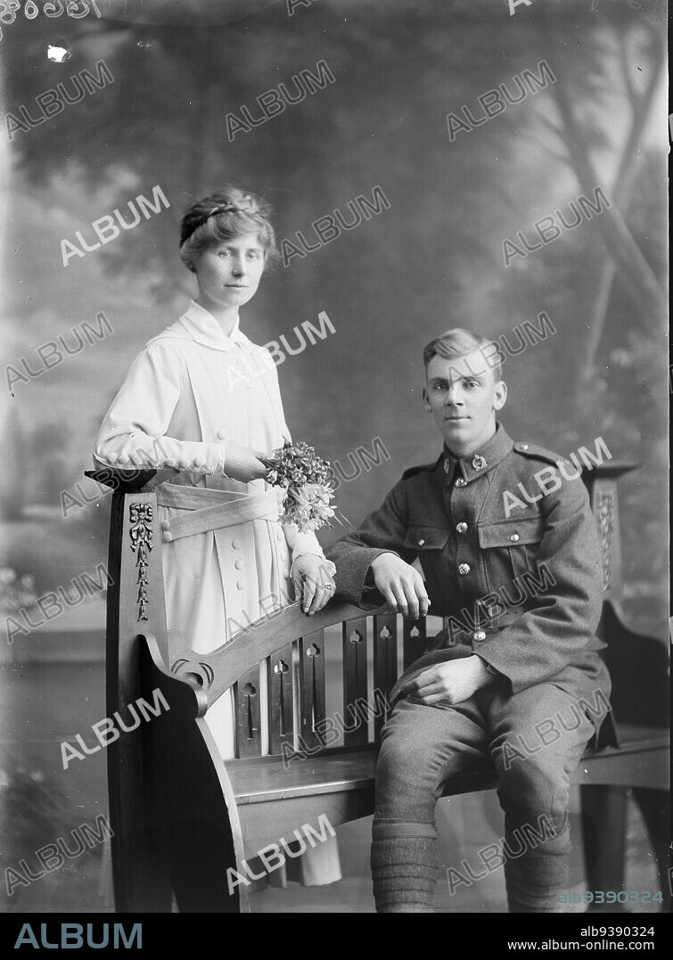 Private James Arthur Hoverd and his bride Florence Lilian Davies, Berry & Co, photography studio, 20 July 1918, Wellington, Wedding portrait of Private James Arthur Hoverd and Florence Lilian Hoverd.