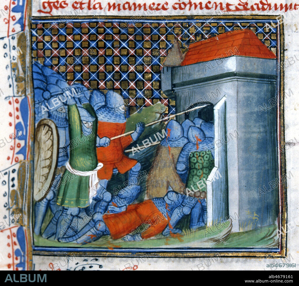 Les gantois, sous la conduite de Philippe d'ARTEVELLE, massacrent les brugeois. Enluminure tiree des Chroniques de Froissart (1333-1404), debut 15eme s. (XVe, 15e s.). Manuscrit medieval conserve a la bibliotheque municipale de Besancon. Ms 865 f°103. Credit : Colleciton JEAN VIGNE / KHARBINE-TAPABOR.