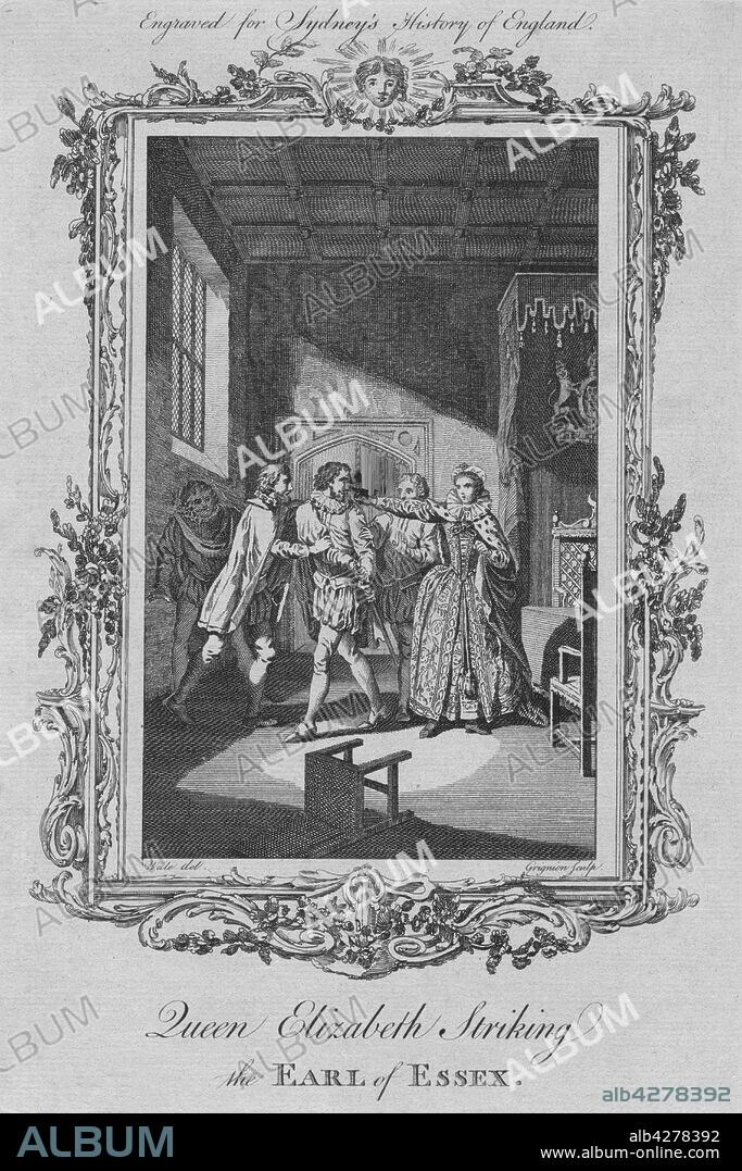 'Queen Elizabeth striking the Earl of Essex', 1773. During a dispute with his cousin Queen Elizabeth I, Robert Devereux, 2nd earl of Essex, (1567-1601), English soldier and courtier, turned his back on the queen, who then slapped his face.  After Samuel Wale (1721-1786). From "A New and Complete History of England, From the Earliest Period of Authentic Intelligence to the Present Time", by Temple Sydney. [J. Cooke, London, 1773].